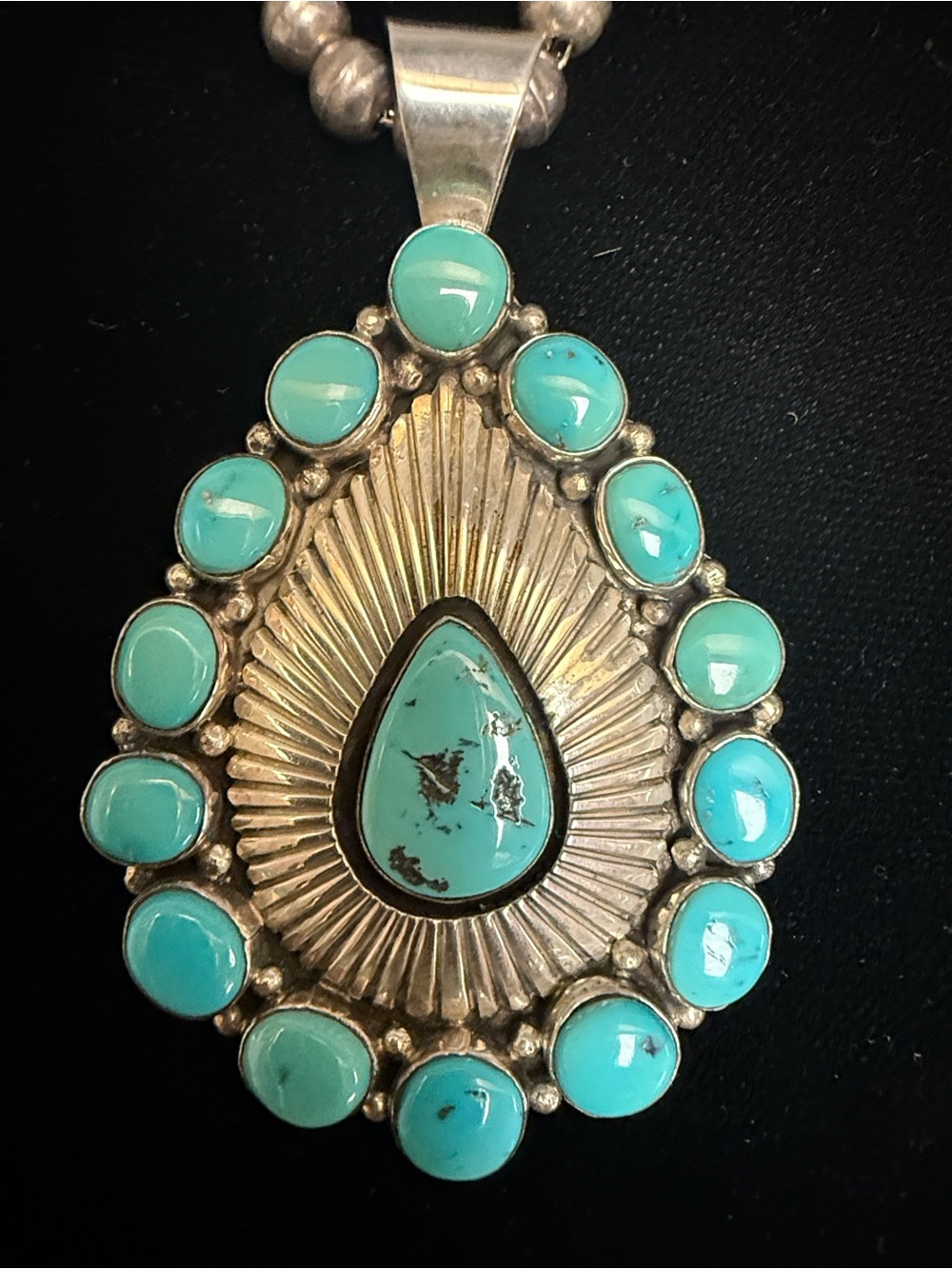 Turquoise Teardrop Pendant Necklace with Silver Bench Bead Chain